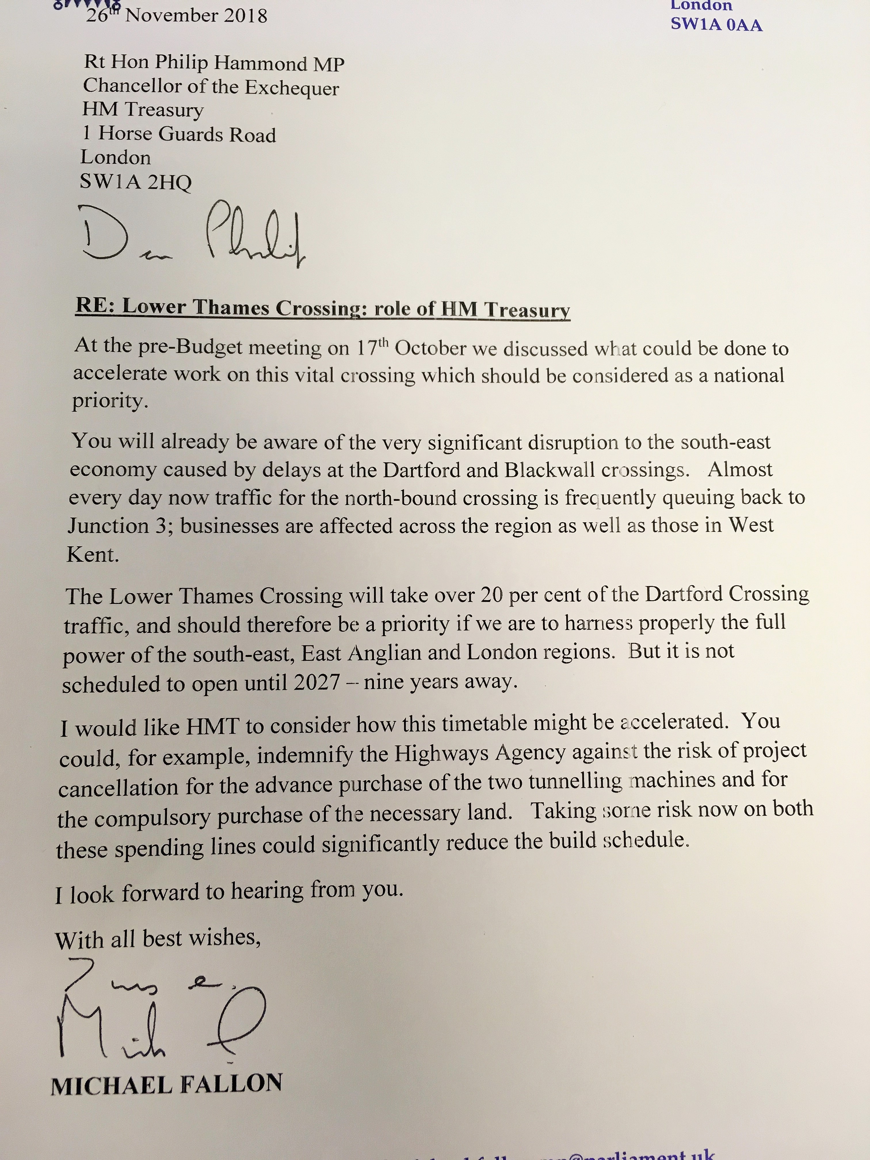 Lower Thames Crossing Letter to Chancellor